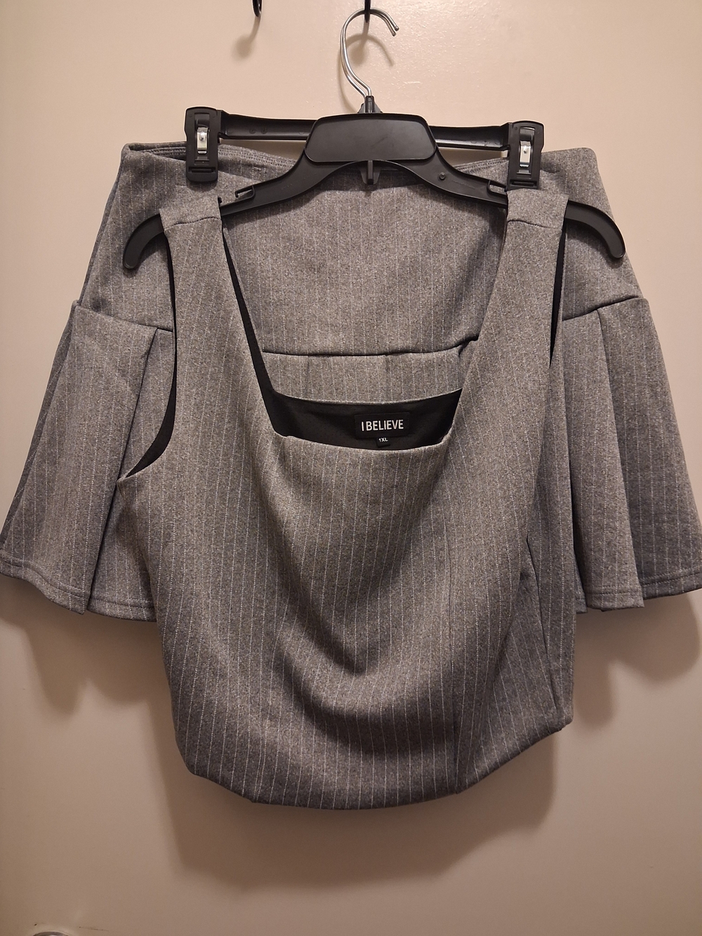 Grey Pinstripe Cold-Shoulder Camisole With Matching Mini Skirt